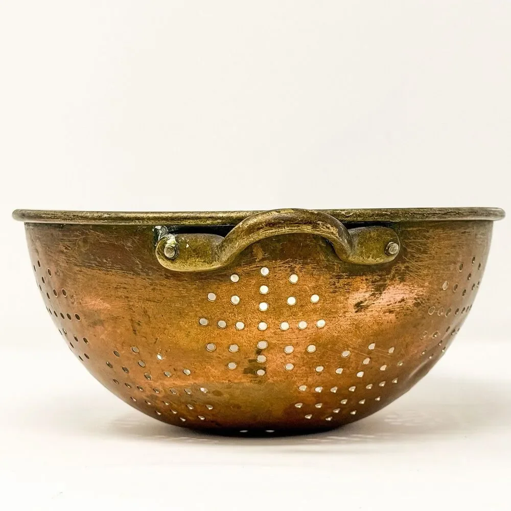 Vintage Copper Colander Brass Handles Farmhouse Kitchen Strainer Bowl Rustic